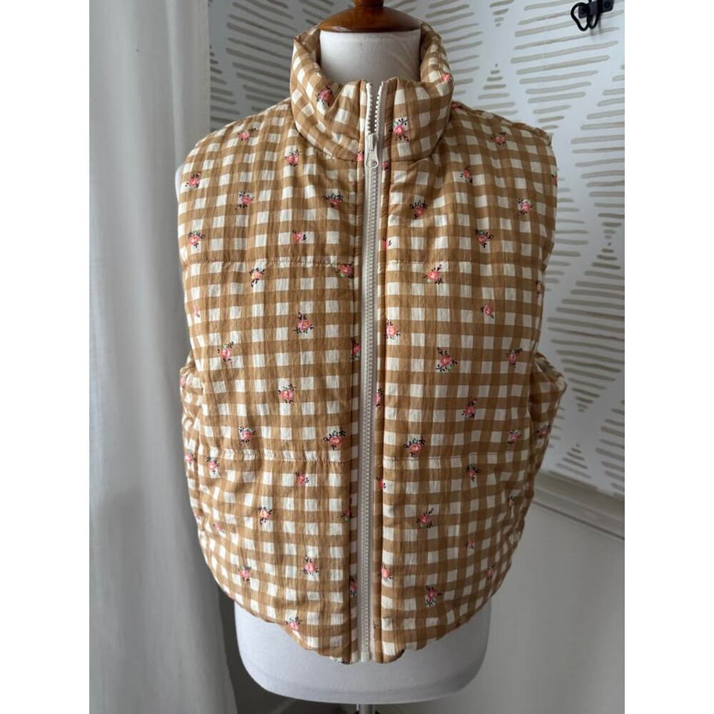 Love, Fire XL Tan White Gingham Quilted Vest ditsy floral print stand-up collar
